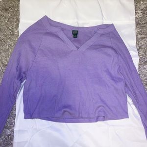 Vibrant purple cropped long sleeve t shirt with waffle knit, size small